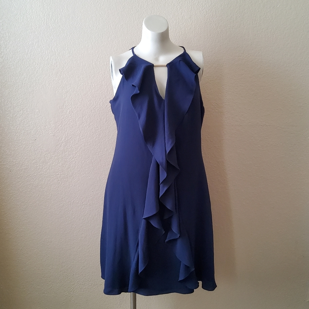 Kensie Ruffle Halter Keyhole Dress Size 16 Navy Blue New